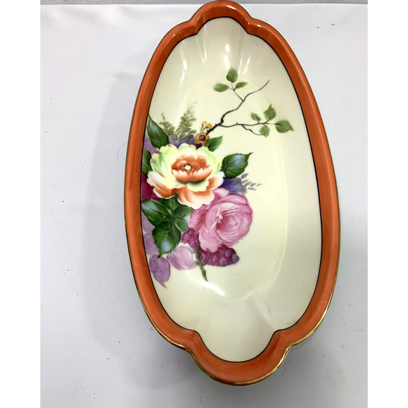 Nippon Vintage Floral Celery Dish & 6 Salt Dishes Orange Gold Trim Japan - Picture 9 of 9